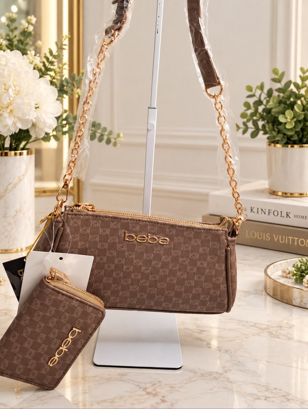 bebe Monogram Baguette Crossbody Wallet Set NWT Moss Stone